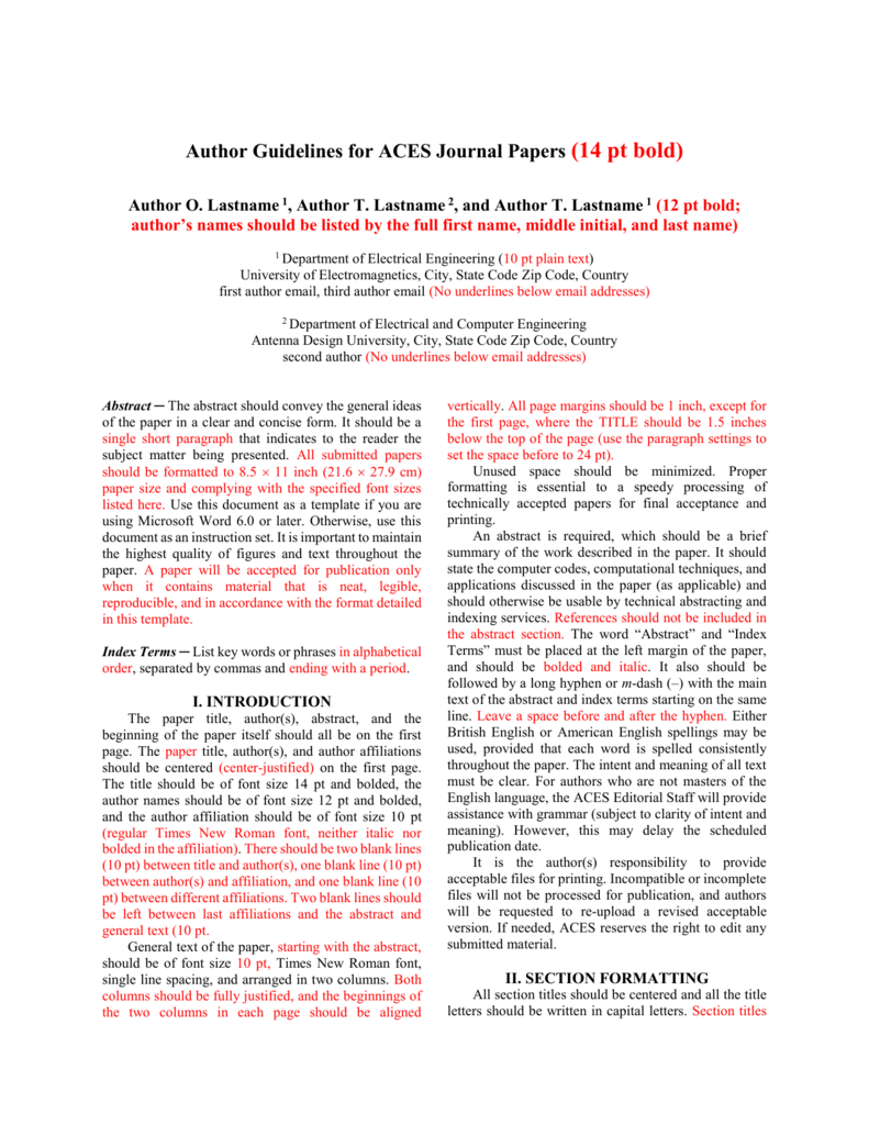 Author Guidelines For ACES Journal Paper 16 Pt Bold ACES