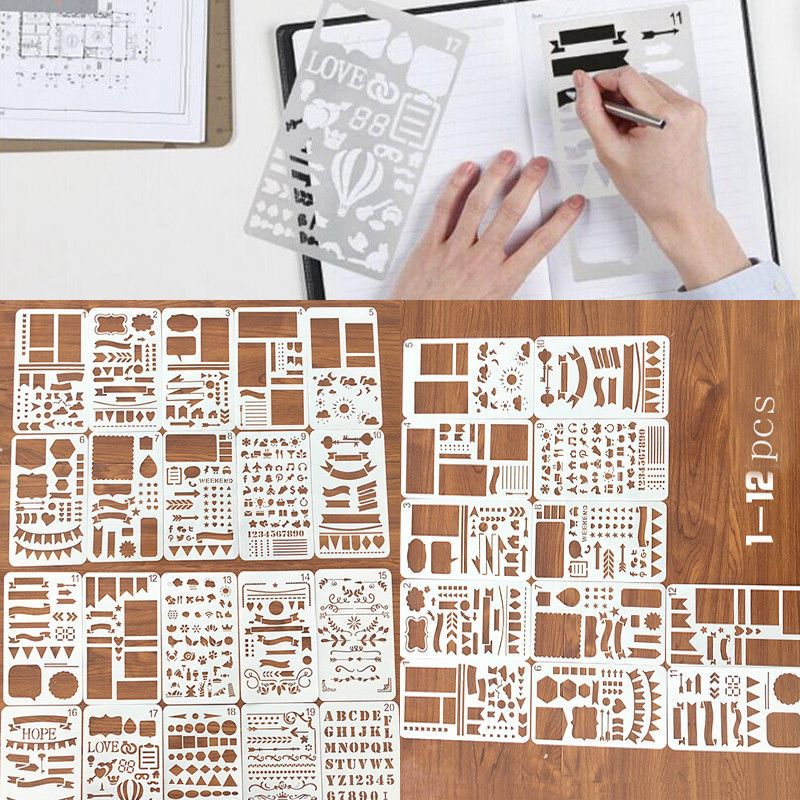 Crafts 12pcs Plastic Journal Stencil Drawing Template Ruler For DIY 