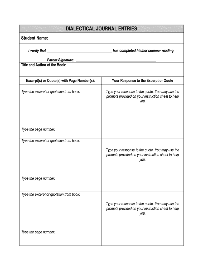 Dialectical Journal Template Complete With Ease AirSlate SignNow