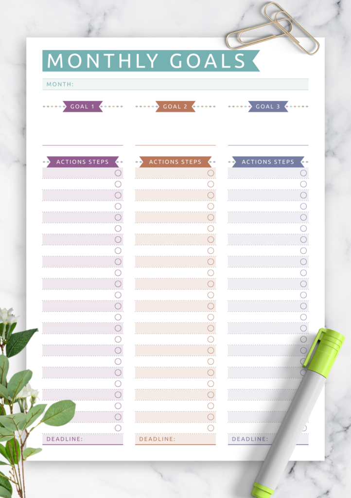 Download Printable Monthly Goals With Action Steps Casual Style PDF 