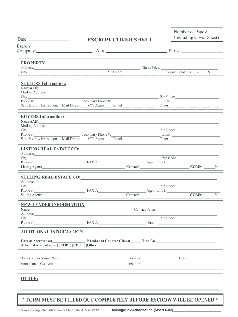 Escrow File Cover Sheet 2015 2024 Form Fill Out And Sign Printable 