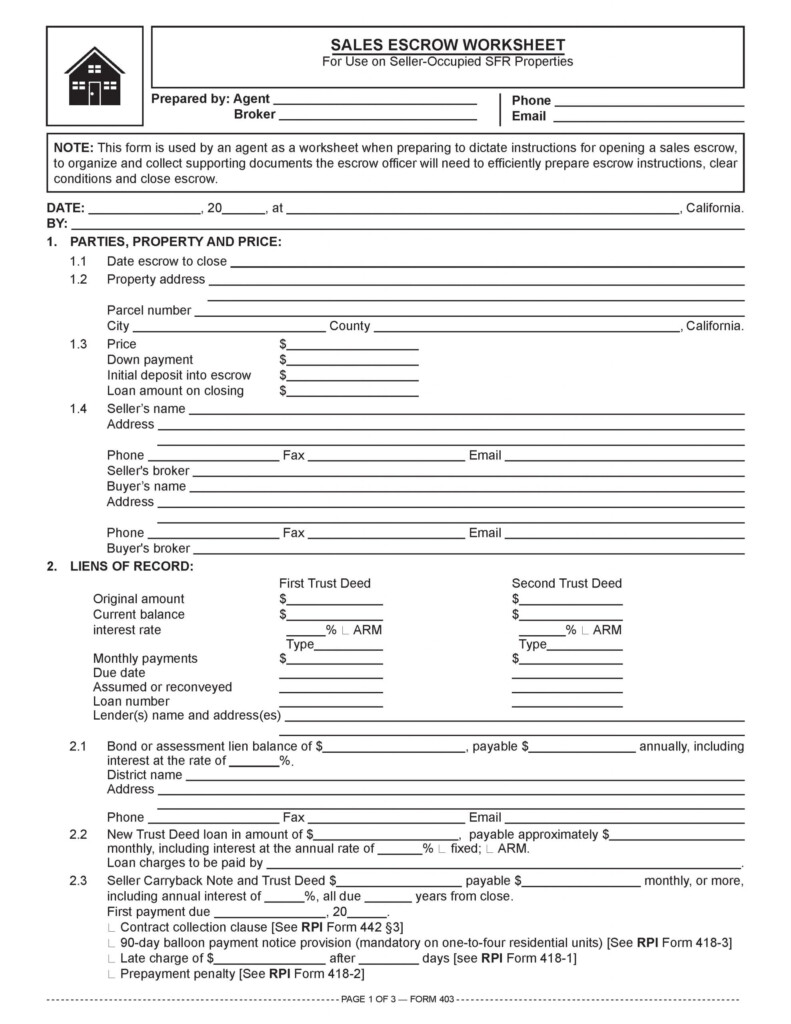 Form of the Week Escrow Instructions And Sales Escrow Worksheet 