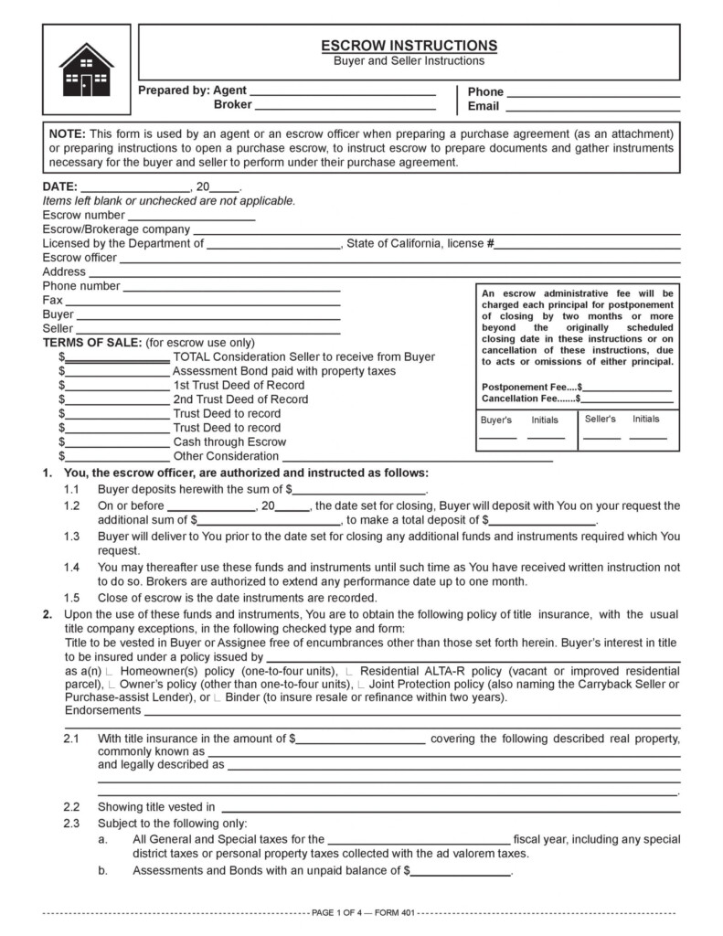 Form of the Week Escrow Instructions And Sales Escrow Worksheet 