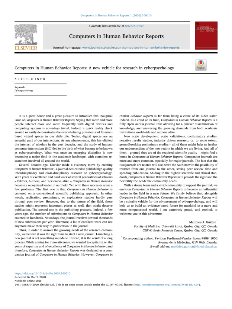  PDF Computers In Human Behavior Reports A New Vehicle For Research 