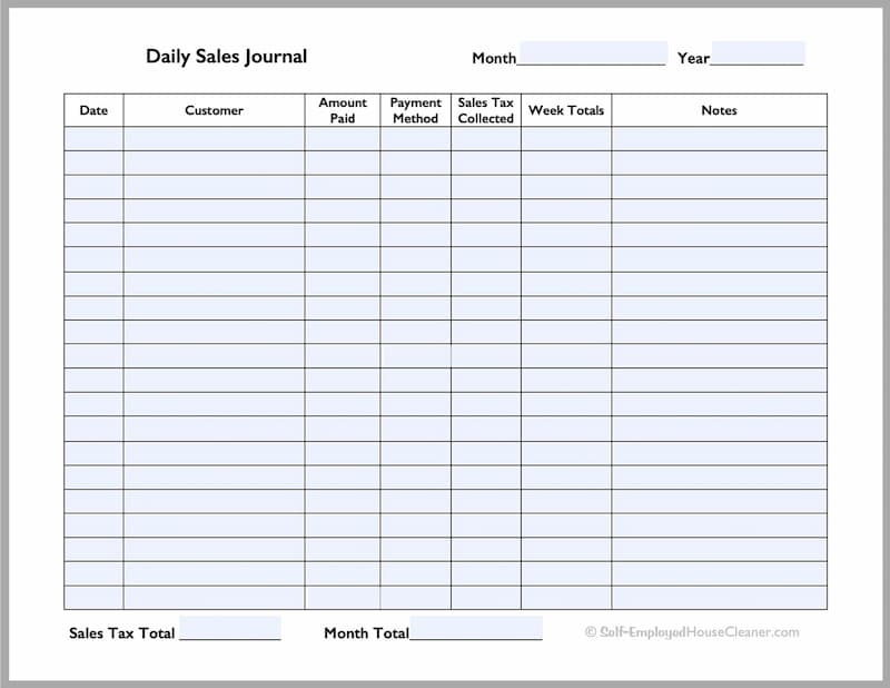Printable Daily Sales Journal For House Cleaning Businesses