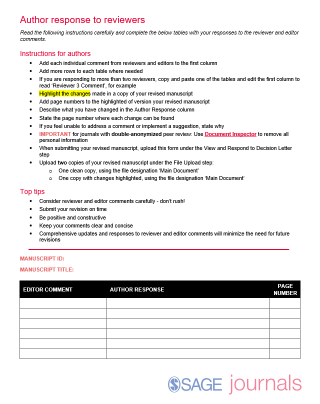 Response To Reviewers Template SAGE Publications Inc
