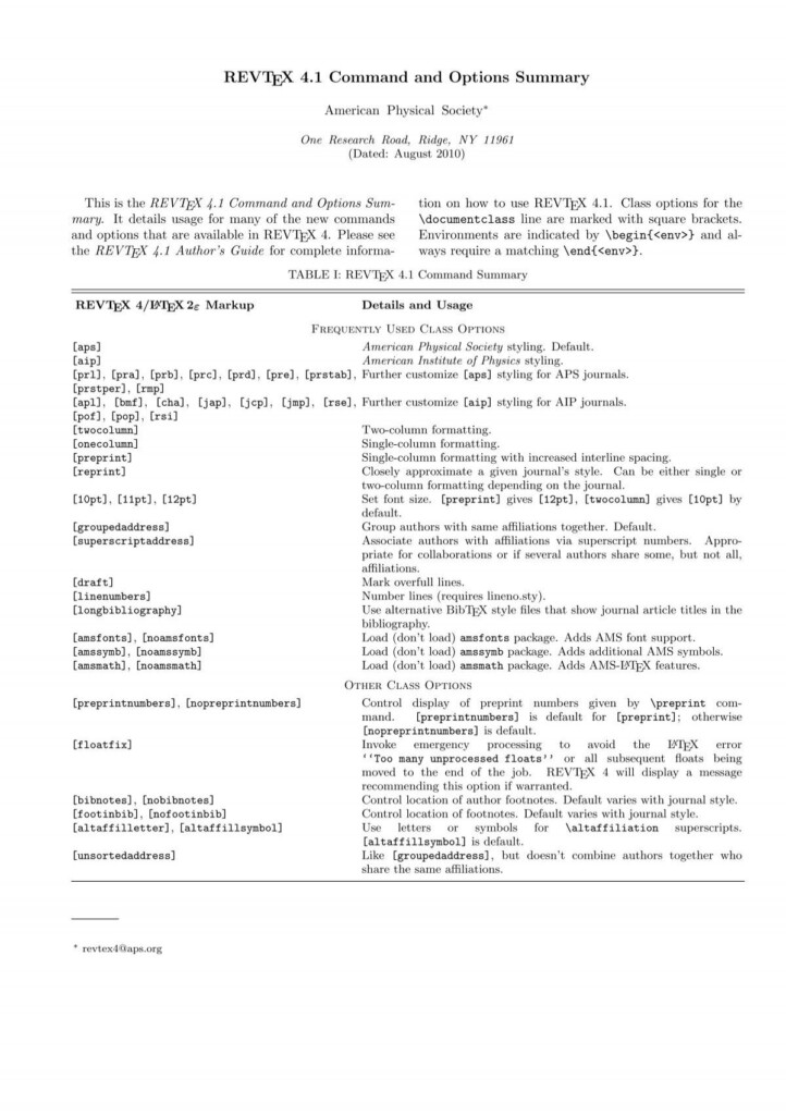 Revtex 4 1 Command And Options Summary Aps Journals Of The 