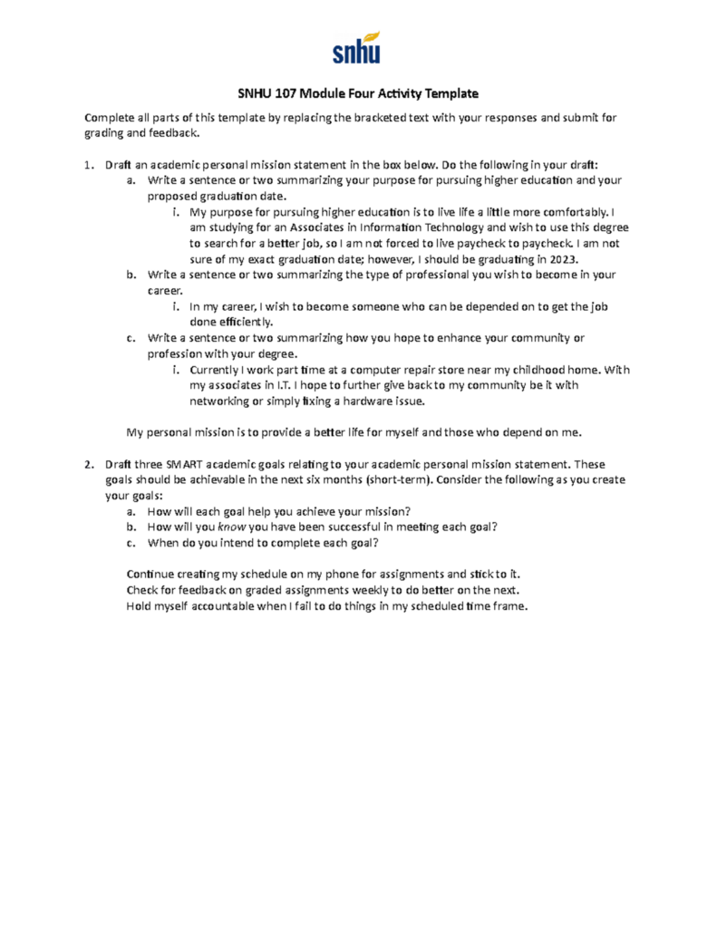 SNHU 107 Module Four Activity Template SNHU107 SNHU Studocu