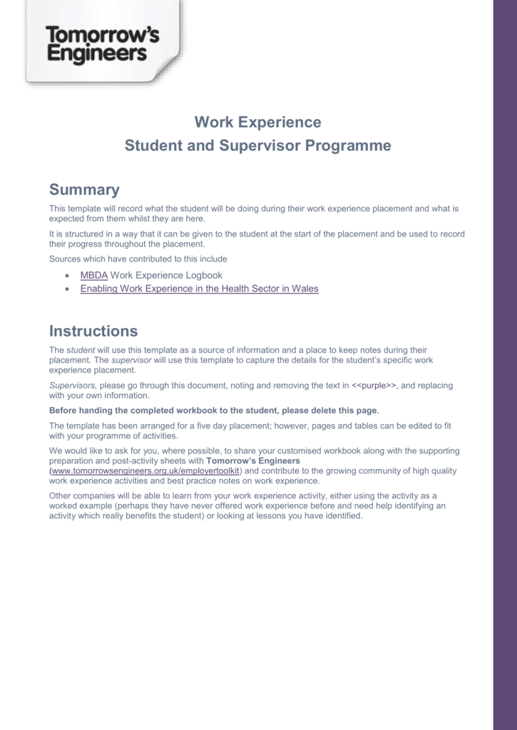 Student s Work Experience Diary Template
