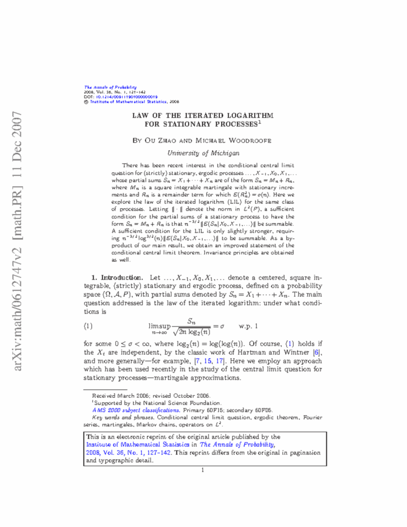 0612747 Cours ArXiv math 0612747v2 math 11 Dec 2007 The Annals Of 