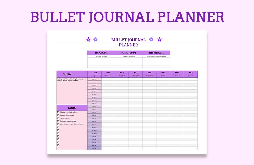 Bullet Journal Planner Download In Excel Google Sheets Template