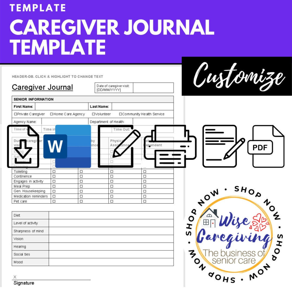 Caregiver Journal Template Caregiving Task List Daily Home Etsy