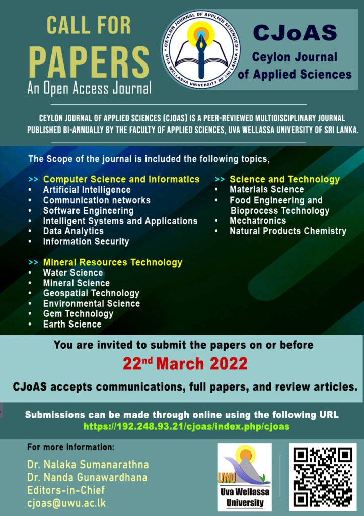 Ceylon Journal Of Applied Sciences Uva Wellassa University