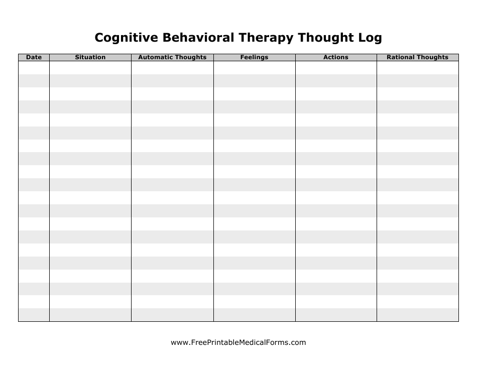Cognitive Behavioral Therapy Thought Log Template Download Printable 