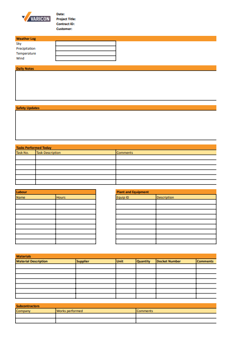 Construction Daily Site Diary Template Free Downloadable File