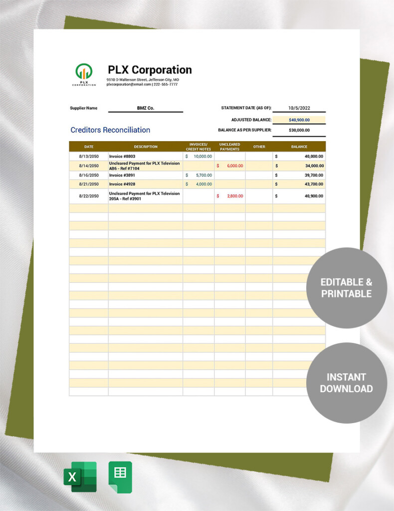 Creditors Reconciliation Template Google Sheets Excel Template