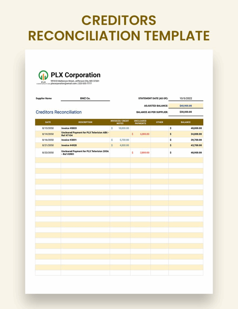 Creditors Reconciliation Template Google Sheets Excel Template