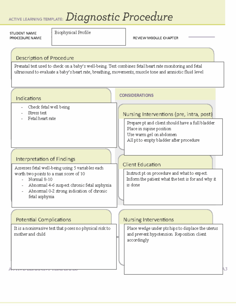 Diagnostic Procedure Form Template Biophysical Profile ACTIVE 