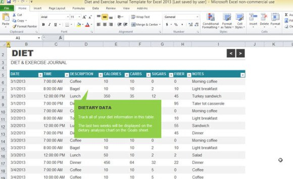 Diet And Exercise Journal Template For Excel 2013