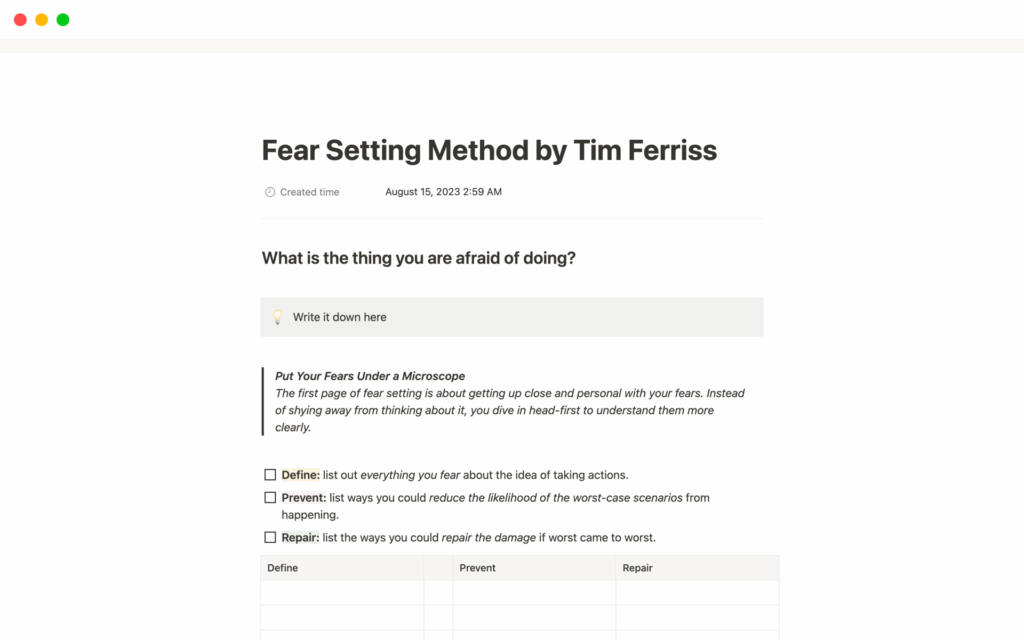 Fear Setting Template Notion Template
