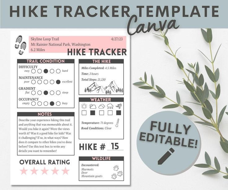 Hiking Journal Template Canva Hiking Log Hike Tracker Walking Log 