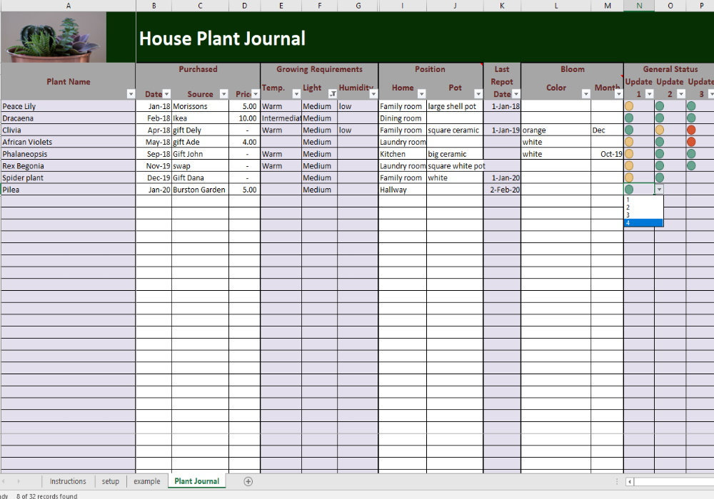 House Plants Journal Excel And PDF Template Plants Log Spreadsheet 