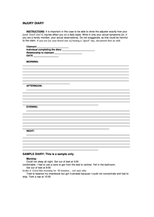 Injury Diary Template Printable Pdf Download