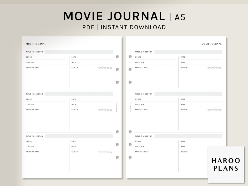Movie Journal Printable Inserts A5 Film Journal Template Etsy