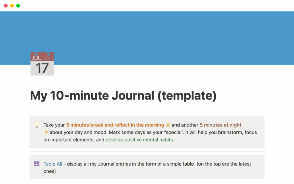 My 10 minute Journal Notion Template
