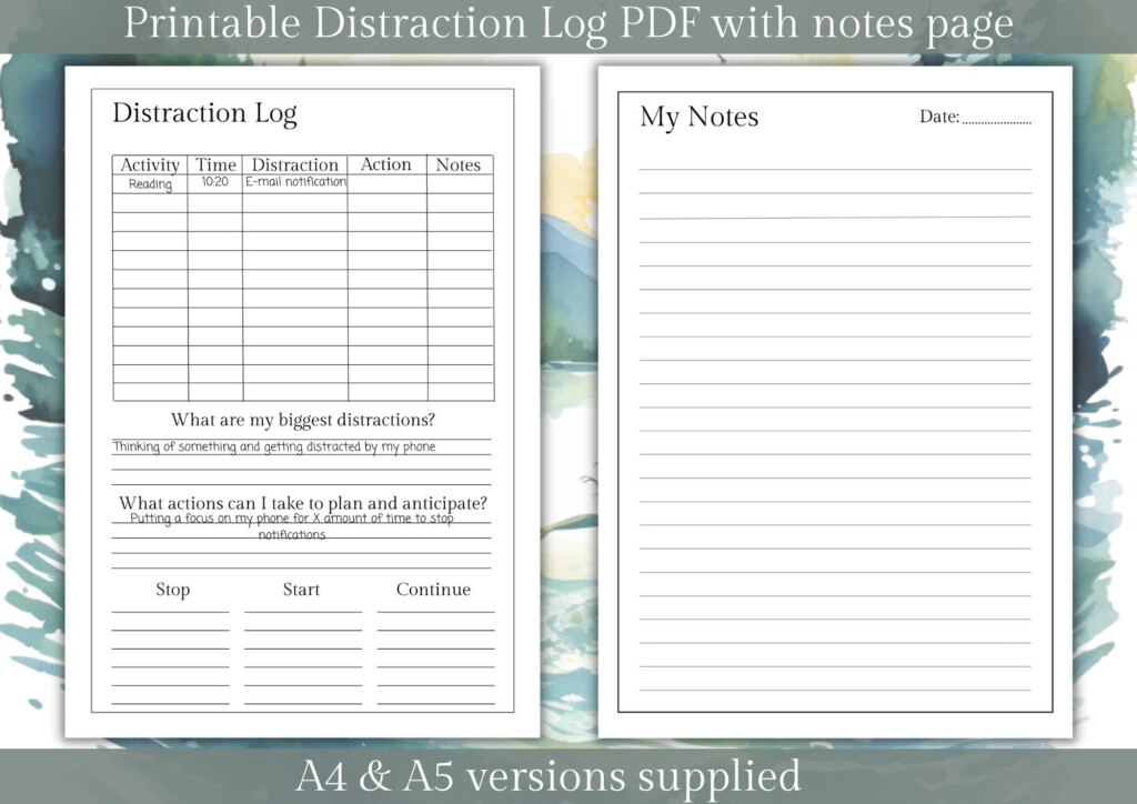Printable Distraction Log ADHD Tracker PDF A4 A5 Etsy