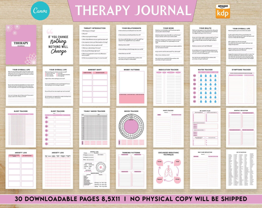 Therapy Journal Template With Questions Mental Workbook 8 5x11 Canva 