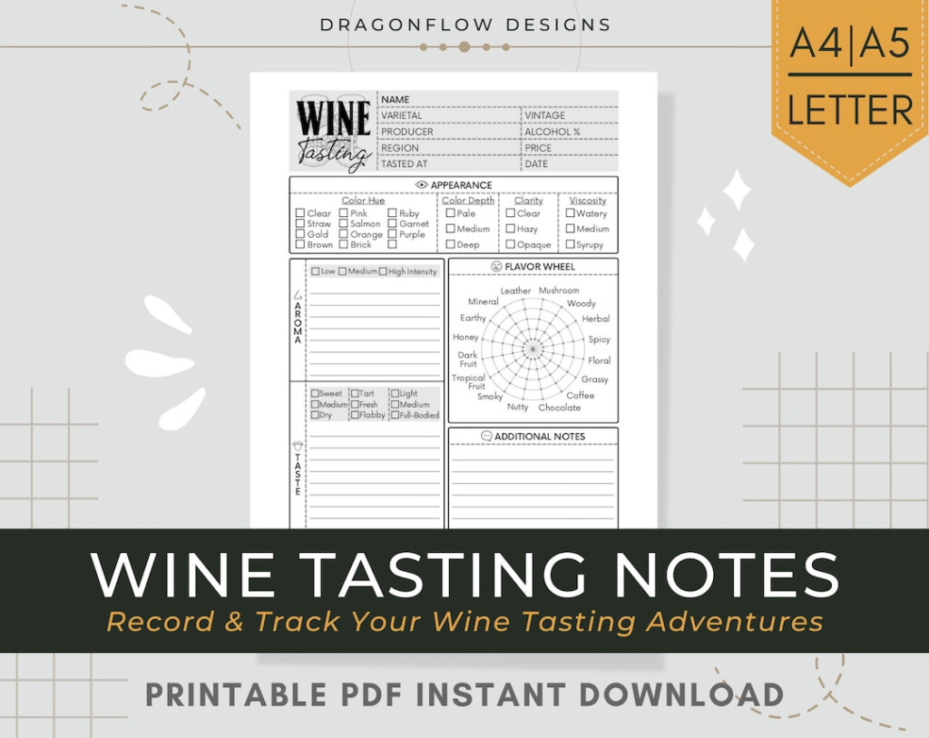 Wine Tasting Notes Journal PDF Printable Download Template Sheet To 